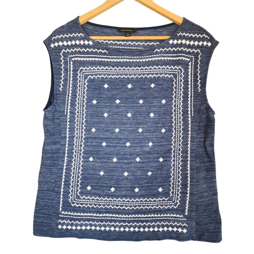 Banana Republic Women’s Indigo Denim Blue Bandana Embroidered Sleeveless SZ L